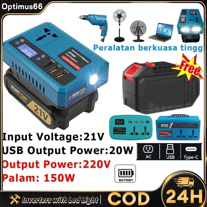 Portable Power Inverters for 20V Battery Inverter 20Vto 220V Converter with LED Light,4 USB,AC Outlet and Type-C Adapter