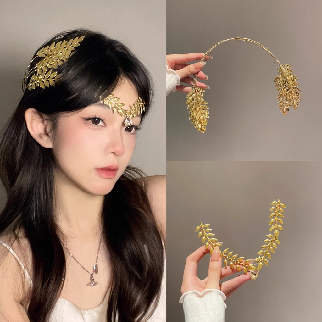 2-piece Set Western Olive Golden Hair Accessories Hair Crown Branch Leaf Princess Bridal Headdress Greek Goddess Set Retro Forehead Accessories Accessories