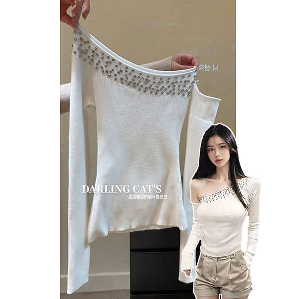 knitwear woman baggy knitwear woman Selebriti berkilauan berlian senget bahu rajutan baju sejuk wanita musim luruh dan musim sejuk diraja kakak perempuan panas seksi satu baris bahu lengan atas baju bawah baju bawah