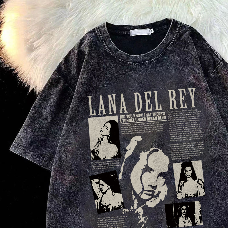 American High Street Retro Illustration Printed Round Neck T-shirt Women Washed Black Short Sleeve Fashion Hip-hop Dance Top