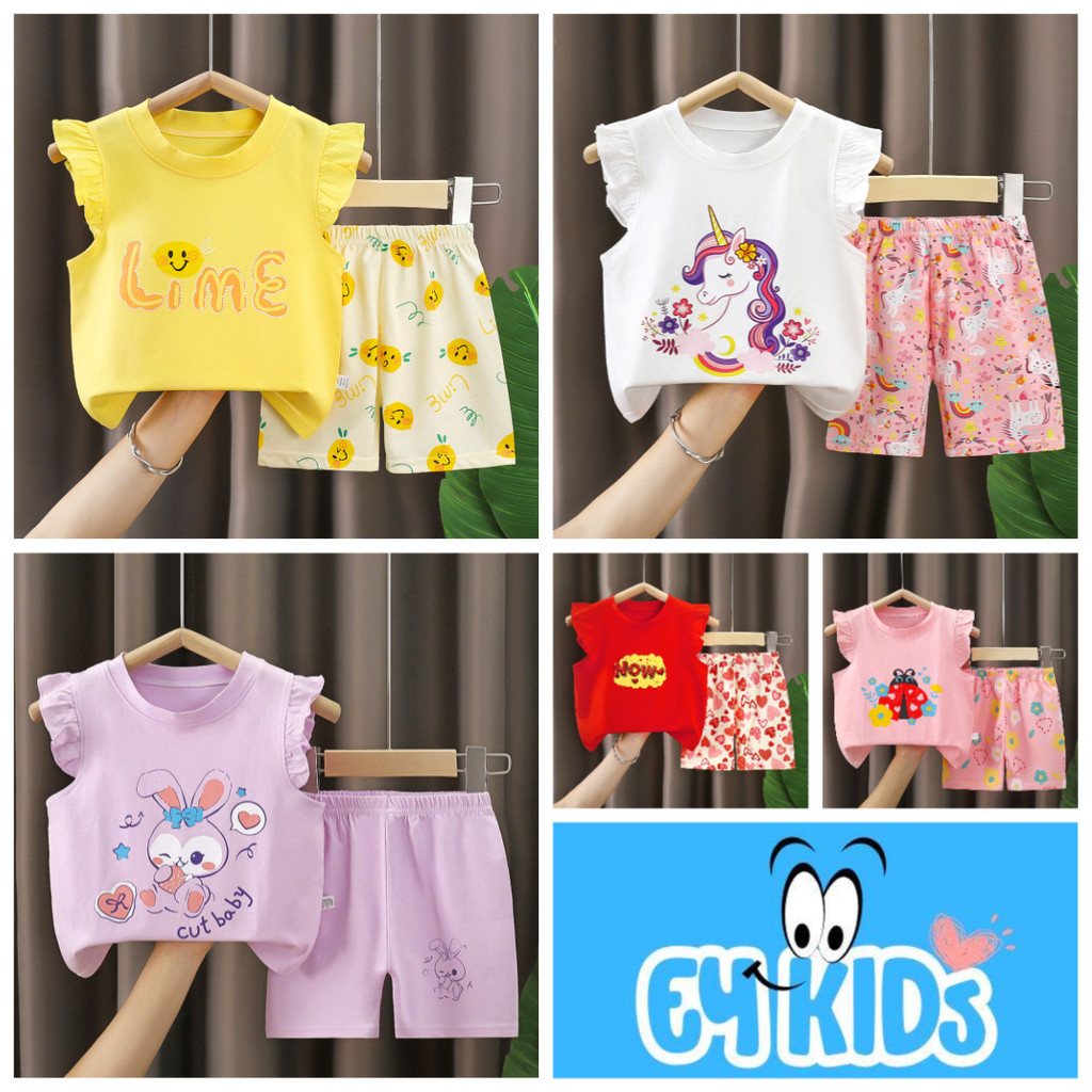 EY KIDS Budak Baju Perempuan Tanpa Lengan Baby Girl T-Shirt Cute Unicorn Top + Bottom Set