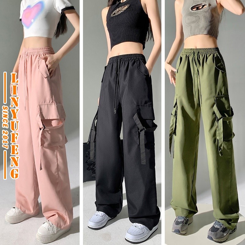 Y2K Wide Leg Cargo Pants Women Dopamine Vintage Sport Casual Baggy Straight Cut Plus Size Outdoor Multi Pockets High Waist Ladies Dance Woman Long Trousers Celana Seluar ootd Kargo Slack Panjang poket tepi Perempuan Wanita Murah Zumba 工装裤女