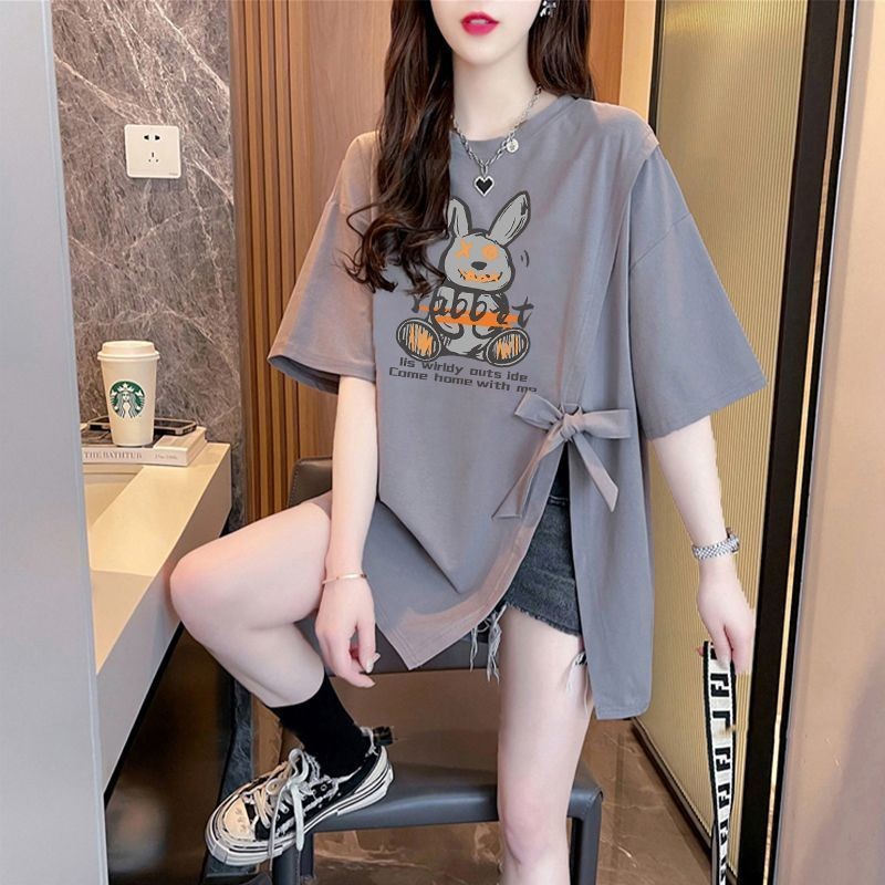 ☆★Fat mm Plus Size Women's Clothing Loose Covering Flesh Short-Sleeved T-Shirt Top Korean Version Fashion Split Half-Sleeved T-Shirt 100kg/11.20