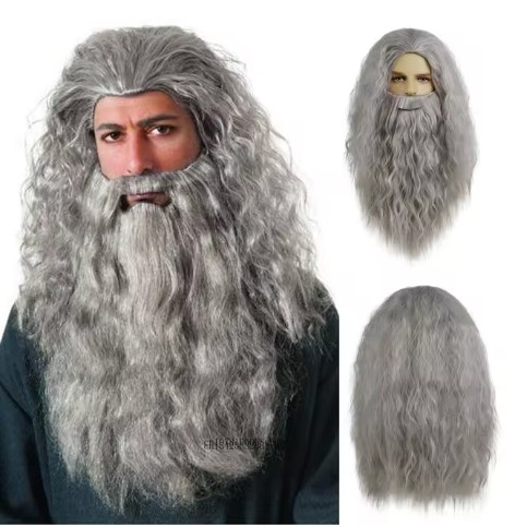 Dumbledore Cosplay Wig Old Men Halloween School Gandalf Wizard Costume Wig Man Albus Long Wave Grey Beard Wigs for Men