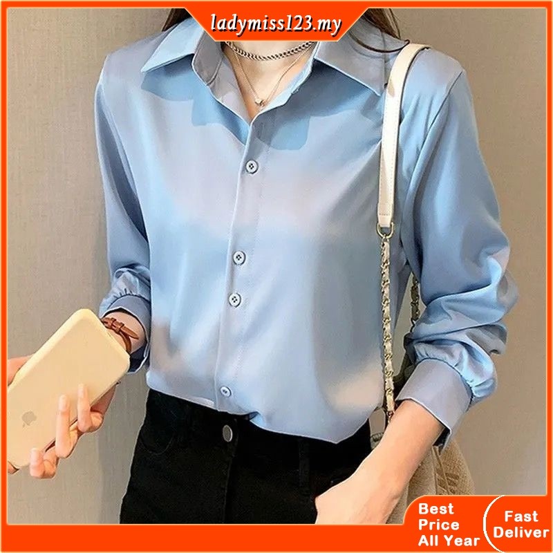 Plus Size S-4XL Chiffon Blouse Women Office Wear Long Sleeve Korean Style Loose V Neck Ladies Simple Vintage White Baggy Shirt Top Fashion Casual Woman Clothes Baju Lengan Panjang Kemeja Perempuan Blaus Wanita Terkini Muslimah Murah Labuh Baju Raya 2024