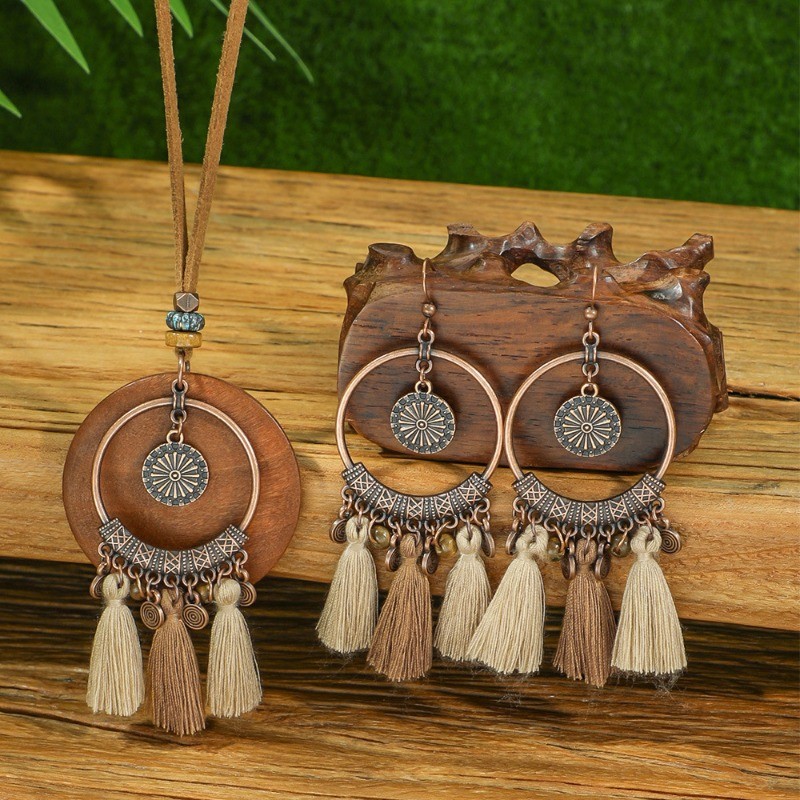 Classic Retro Pendant Earrings Necklaces Set Boho Tassels Sweaters Chains Vintage Bohemian Tribal Style Jewelry Sets for Women