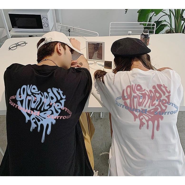 Short-sleeved T-shirts for men and women Couple wear love printed short-sleeved summer half-sleeved loose T-shirt college styl
