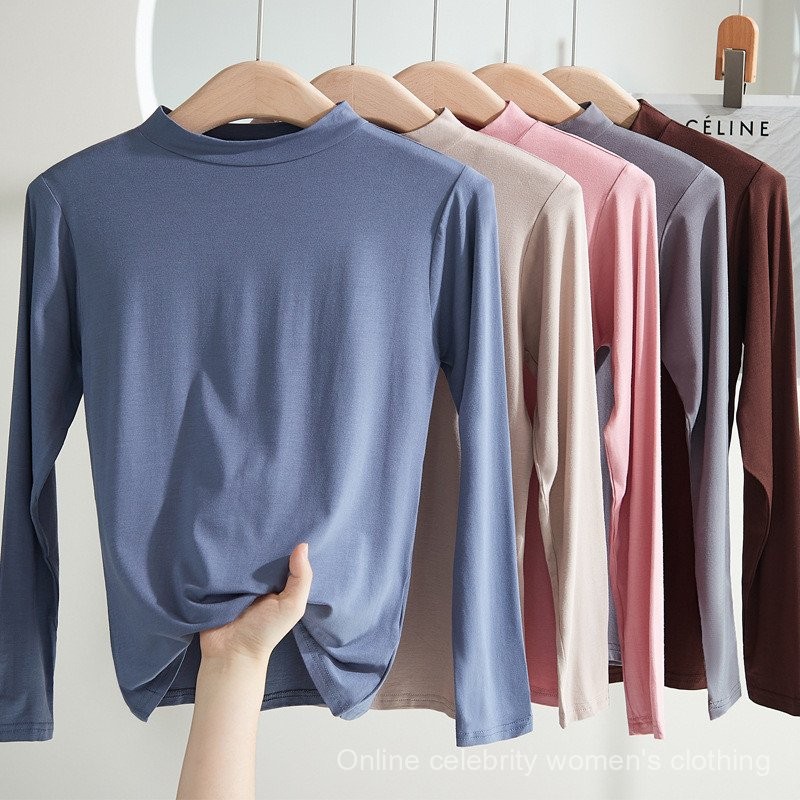 【Online celebrity women's clothing】Ready Stock Women's Korean Version Hot Sale New Style Half Turtleneck Bottoming Shirt Women Spring Autumn Long-Sleeved Solid Color Modal T-Shirt Slim-