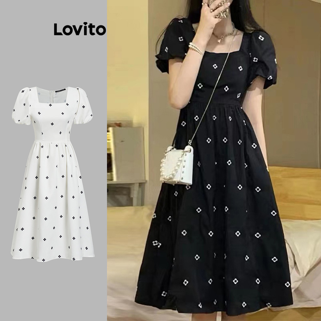 Lovito Casual Floral Puff Sleeves Squared Neck Dress for Women LNE05105 (Multi-color) Lovito Gaun Kasual Bunga Leher Persegi Lengan Puff untuk Wanita