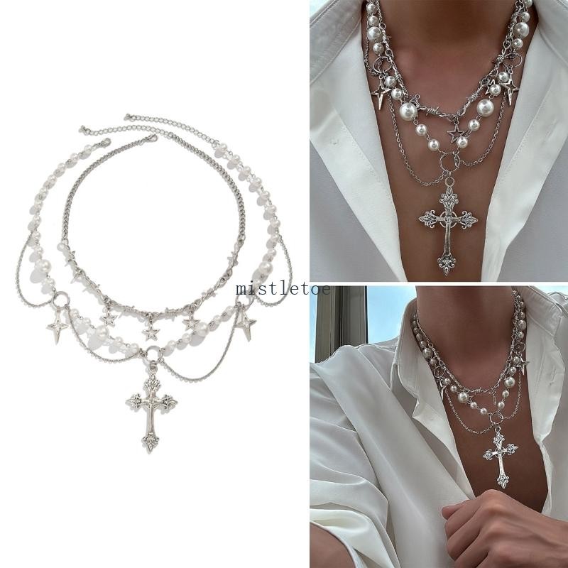 MIS 2pc Elegant Crosses Pearls Necklace Versatile Crosses Pendant Pearls Necklace Jewelry for Faithful Fashionistas