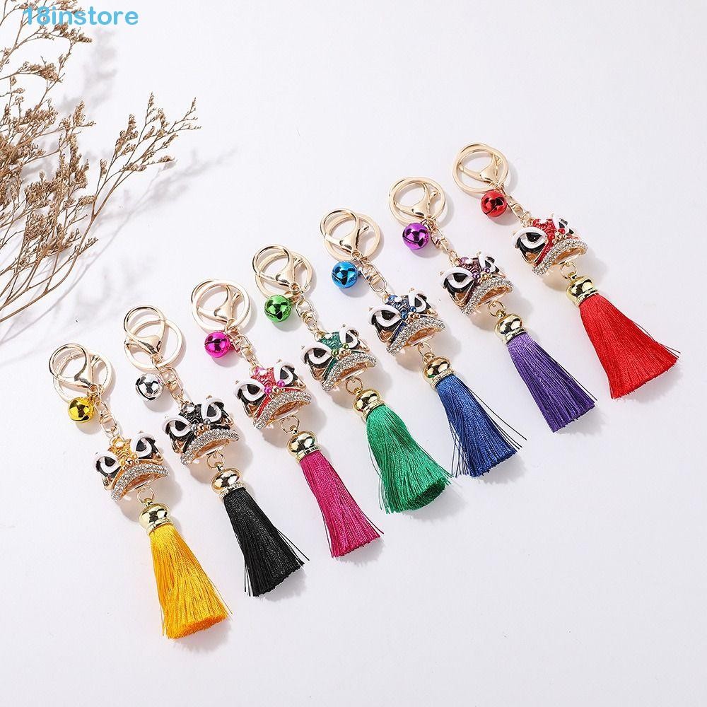 INSTORE Lion Dance Keychain, Chinese Style Ancient Mascot Lion Wake Keychain, Delicate Crystal Animal Fortune Lion Tassel Women Bags Holder