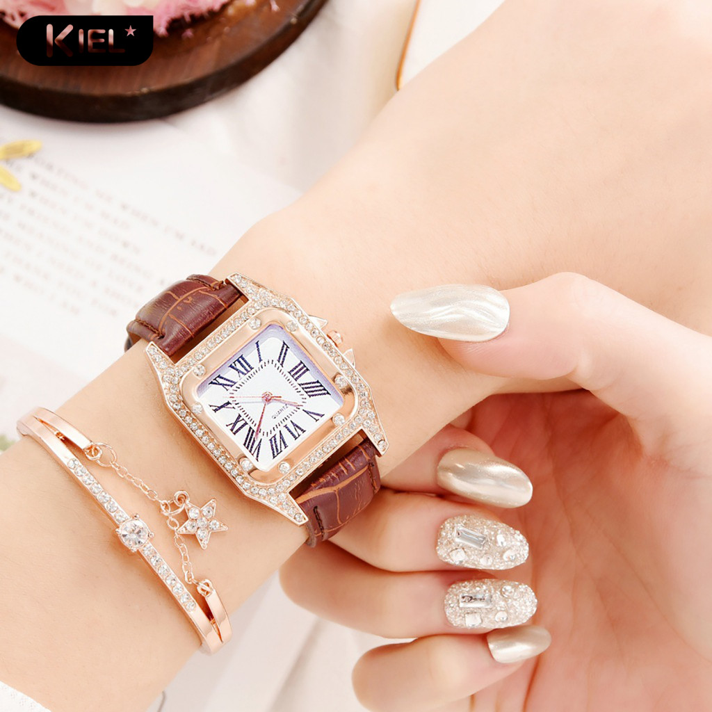 KL* 1 Set Fashion Jewelry Metal Watch Bracelet for Daily Rhinestone Embedded Women Watch Bangle Kit High Accuracy