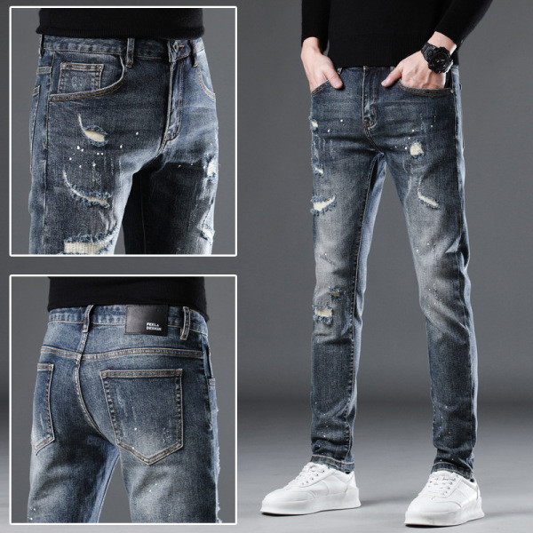 seluar jeans lelaki baggy jeans loose jeans men Gaya baru musim luruh, seluar jeans lelaki mewah yang sudah usang, trend fesyen, seluar lurus kecil langsing