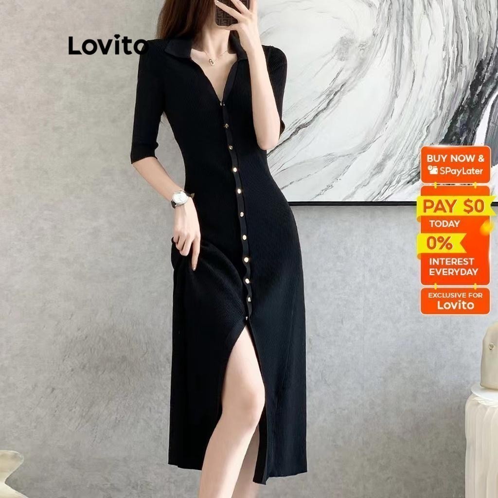 Lovito Elegant Plain Button Front Split Short Sleeve Sweater Dress for Women LNA08056 (Black) Gaun Sweater Lengan Pendek Belah Depan Kancing Polos Elegan Lovito untuk Wanita