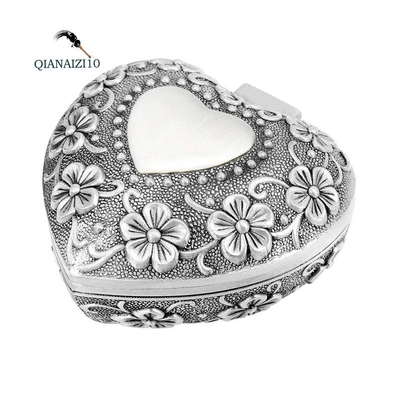 Classic Vintage Antique Heart Shape Jewelry Box Ring Small Trinket Storage Organizer Chest Christmas Gift,Silver