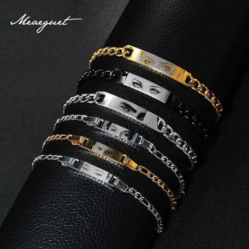 Meaeguet Customized Eyes Photo Bracelet,Stainless Steel Cuban Chain Bracelet DIY Memorial Jewelry Personalized Gifts