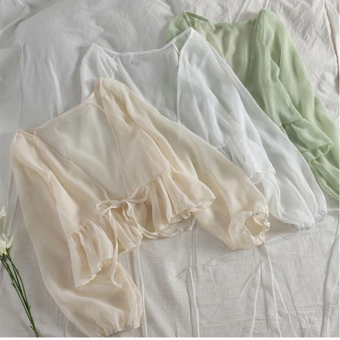 Women's Casual Chiffon Solid Color Blouse, Ruffle Long Sleeve Shirt