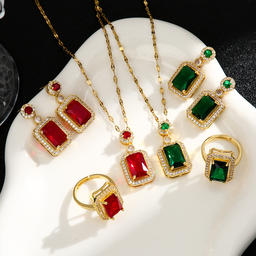3PCS/SET Emerald Diamond Necklace Earrings Ring Fashion Women Jewelry Set