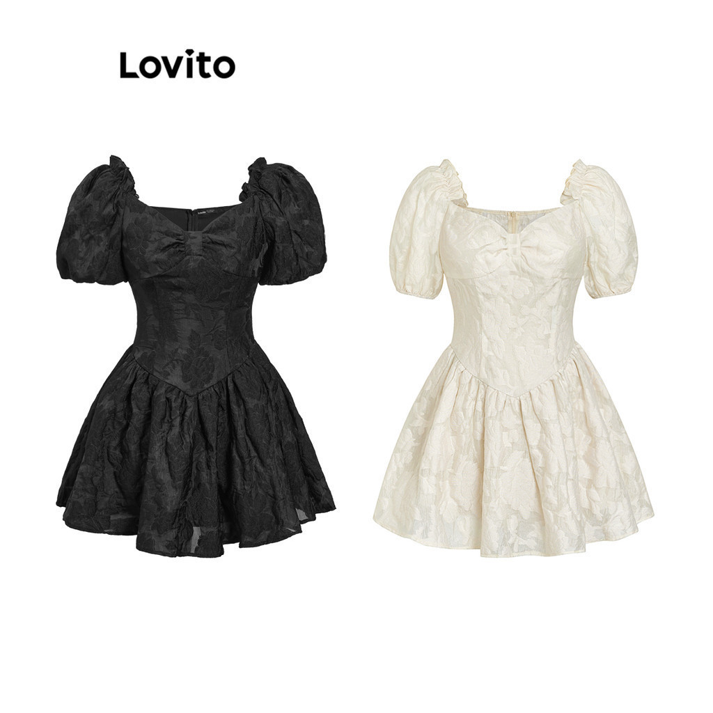 Lovito Cute Jacquard Puff Sleeve Textured Fabric Jacquard Women Dress L37AD043 (Multi-color)