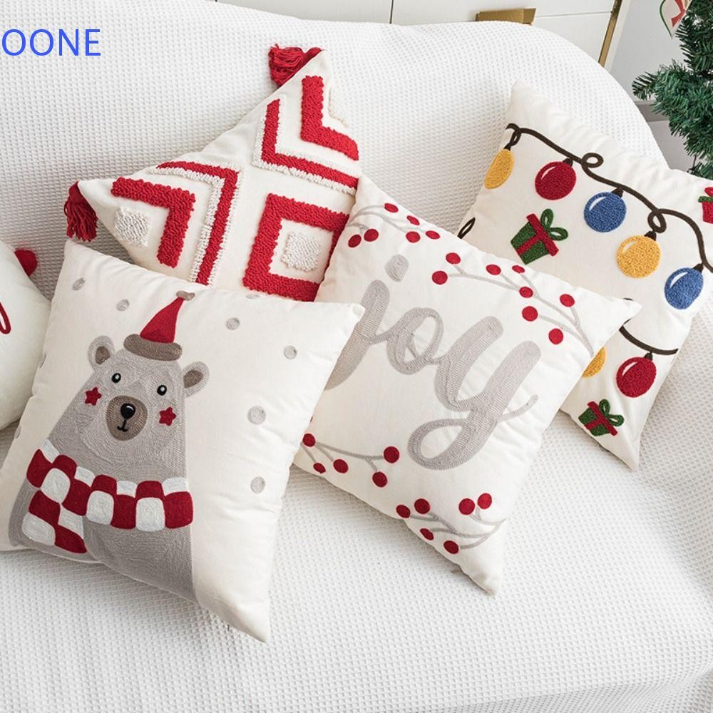 OONE Christmas Embroidery Pillowcase, Cartoon Luxury Dacron Throw Cushion Cover, Home Textile Rectangular Comfortable Washed Material Scarf Bear Pillow Shell Bedroom