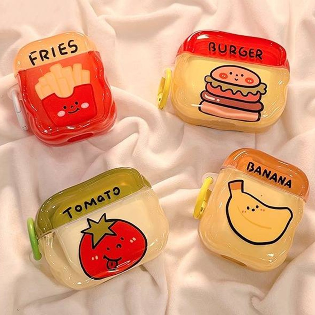 Earphone Case For Airpods 4 Pro 3 2 1 Cute Cartoon Hamburger Fries Banana Tomato Couple Soft TPU Shockproof Bluetooth Wireless Earbuds Protective Cover Shell with Anti-lost Ring