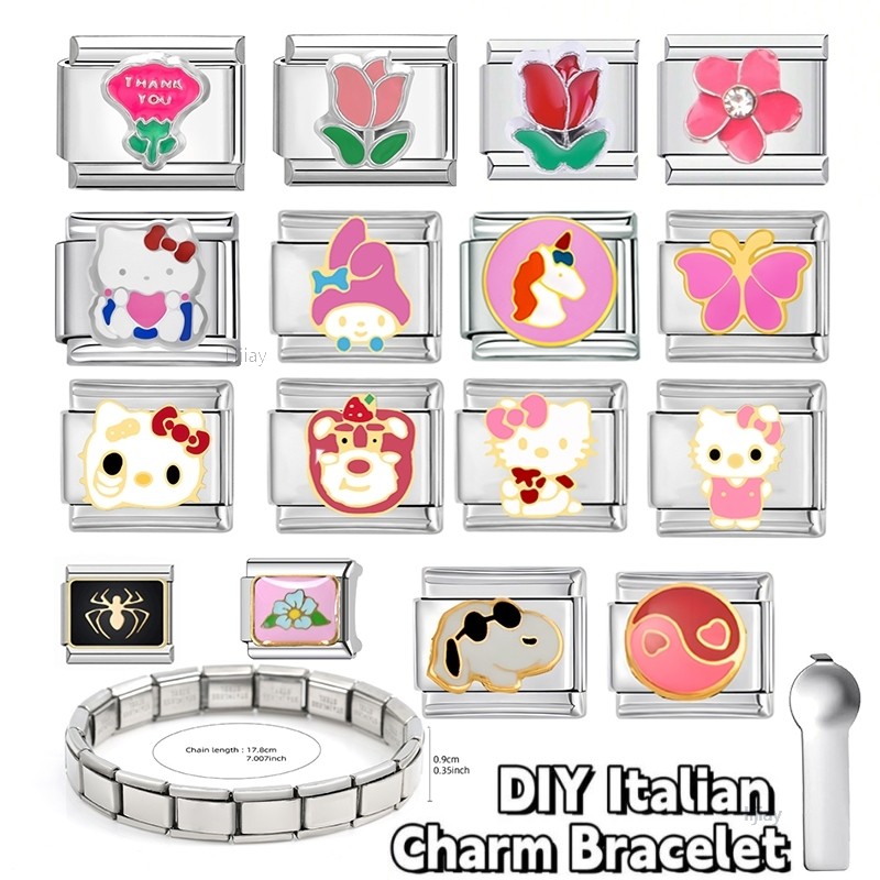 lijiay New fashion Cartoon Color Pink Series Love Italian style charm bracelet  module charm bracelet 9 Mm stainless steel bracelet DIY jewelry module charm