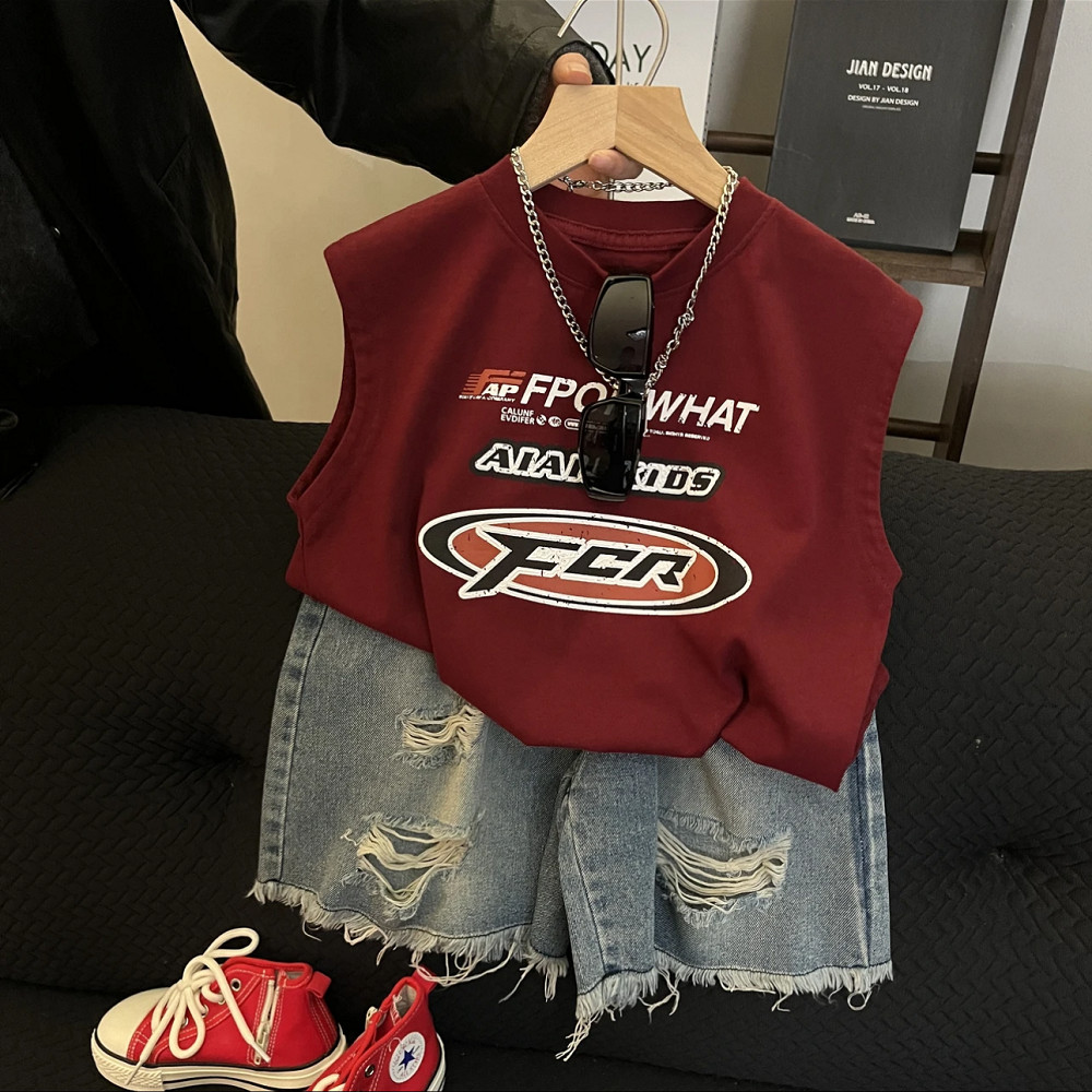 Summer Pure Cotton Handsome Boys Sleeveless T-Shirt Children Loose Western Style Printed Letters Middle Small Children Vest Top