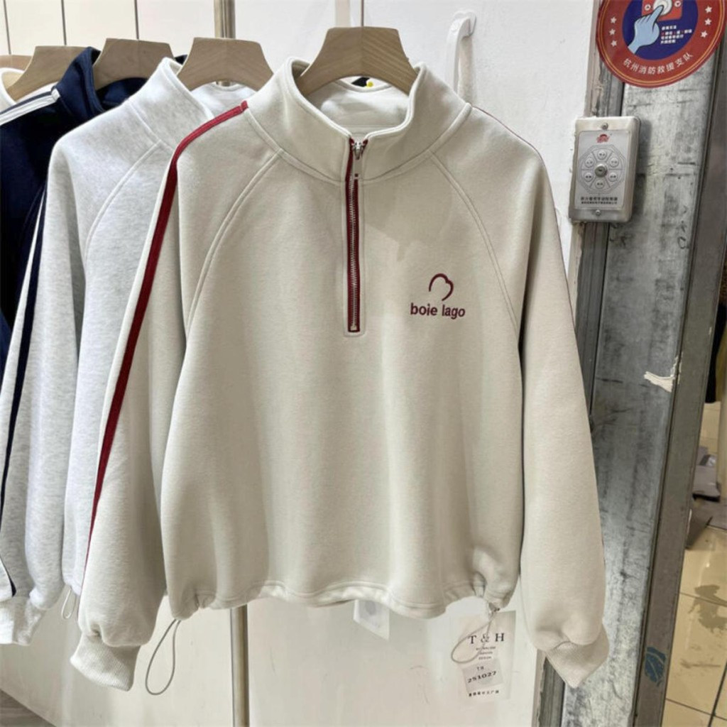 VELIN M-2XL Women Korean Long Sleeve Sweatshirt Letter Embroidery Oversized Half Zippr Sweater