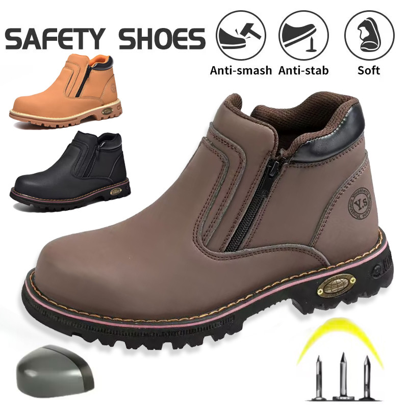 Safety Shoes Safety Boot Men Shoes 1707 Mid Cut Zip Type Light Safety Boots kasut kerja Microfiber Leather Rubber Outsole Steel Toe Cap Anti-Smash