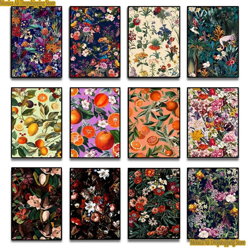 Vintage Wall Art Botanical Floral Birds Poster Elegant Nature Inspired Canvas Prints Wall Decoration for Bedroom &Living Room Gift (Only Canvas)