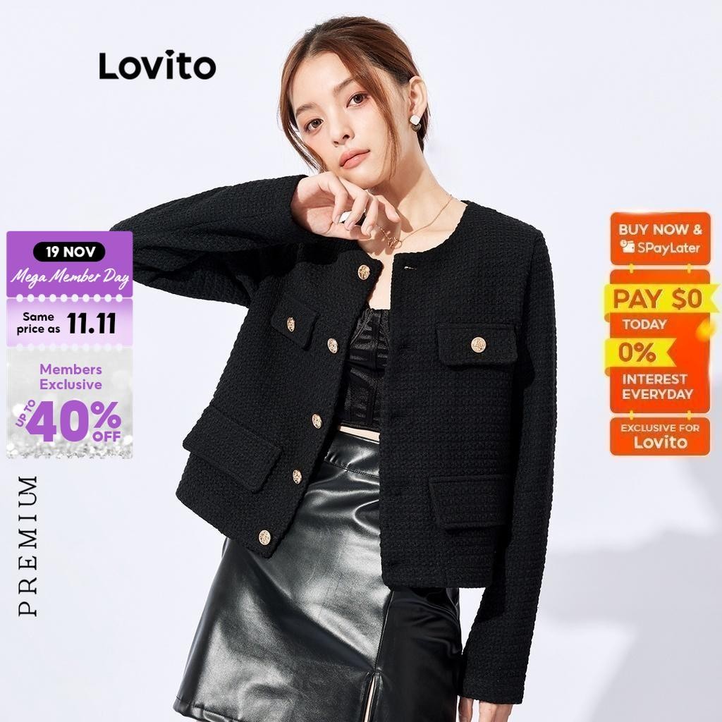 Lovito Elegant Plain Round Neck Button Women Jacket L32FW095 (Black)