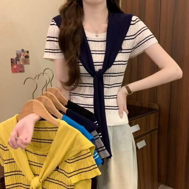 baao Round neck sweater with scarf short sleeve tops