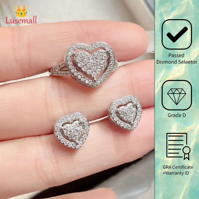 Lusemall Luxury Full Diamond Double Layer Heart Shaped Jewelry Two Piece Delicate Diamond Ring Earrings Set For Women