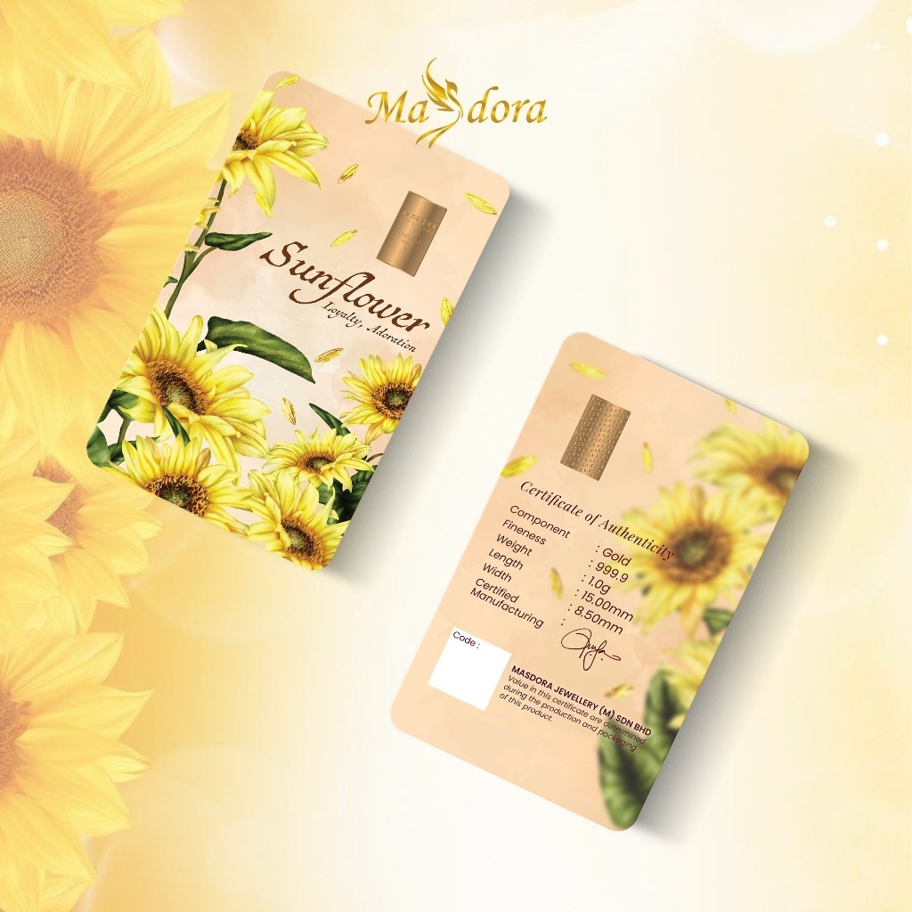 MASDORA 999.9 Gold Bar 1.00GM Flower Series ~ Sunflower (EMAS 999.9/24K)