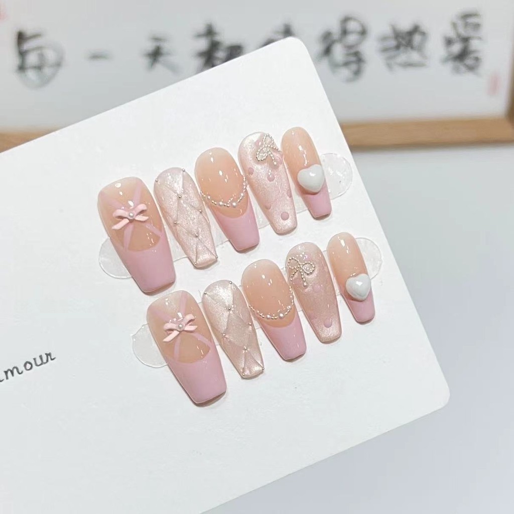 【5in1 Toolkit+HANDMADE】Artificial Nail Sweet and Cool Hot Girl 3D Checkerboard French Bow Phototherapy Fake Nail Patch Press on Nails Reusable