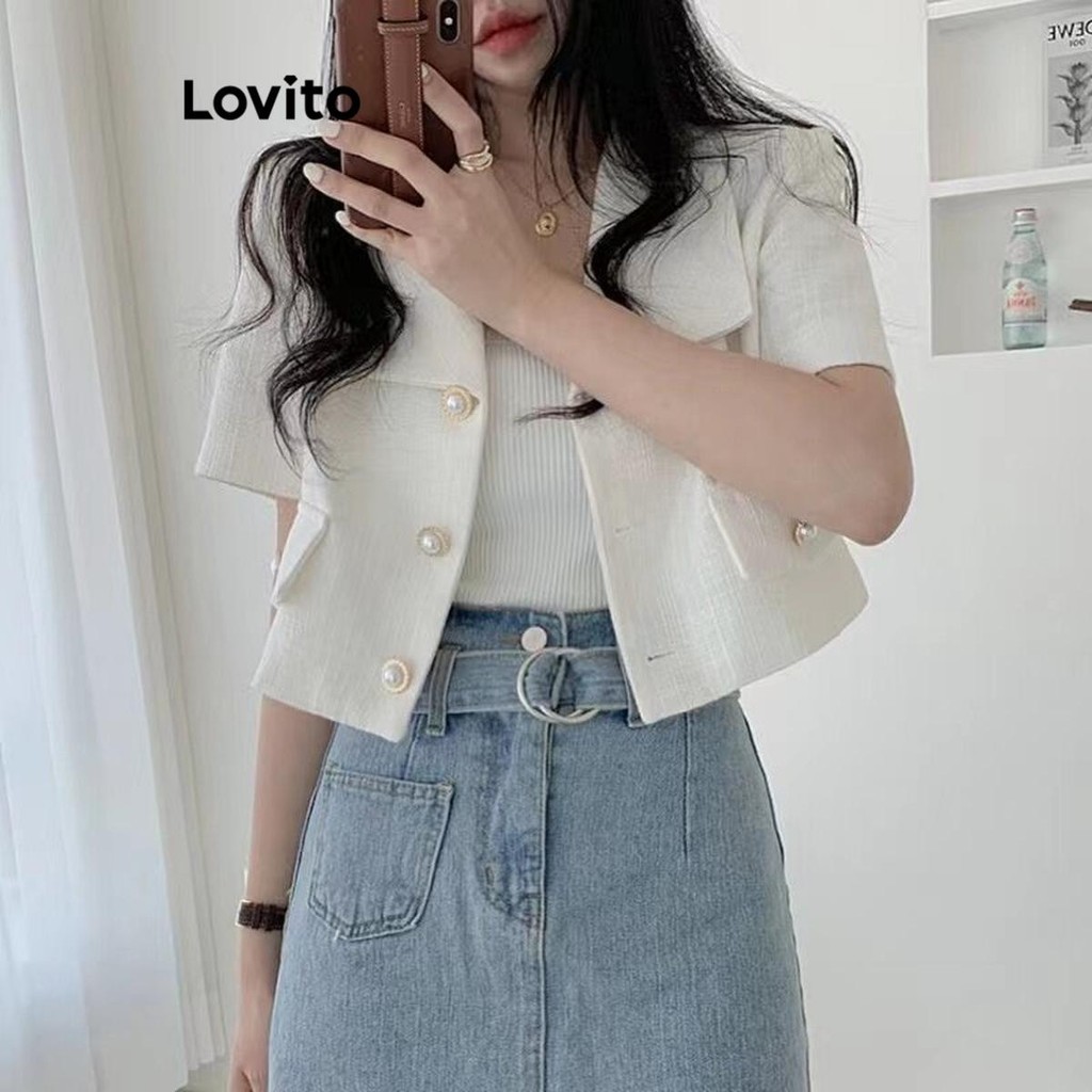 Purpose Durable Lovito Casual Plain Button Front Pearls Fake Pocket Blazer Women LNA39043 (Multi-color) Saku Palsu Mu... - Image 5