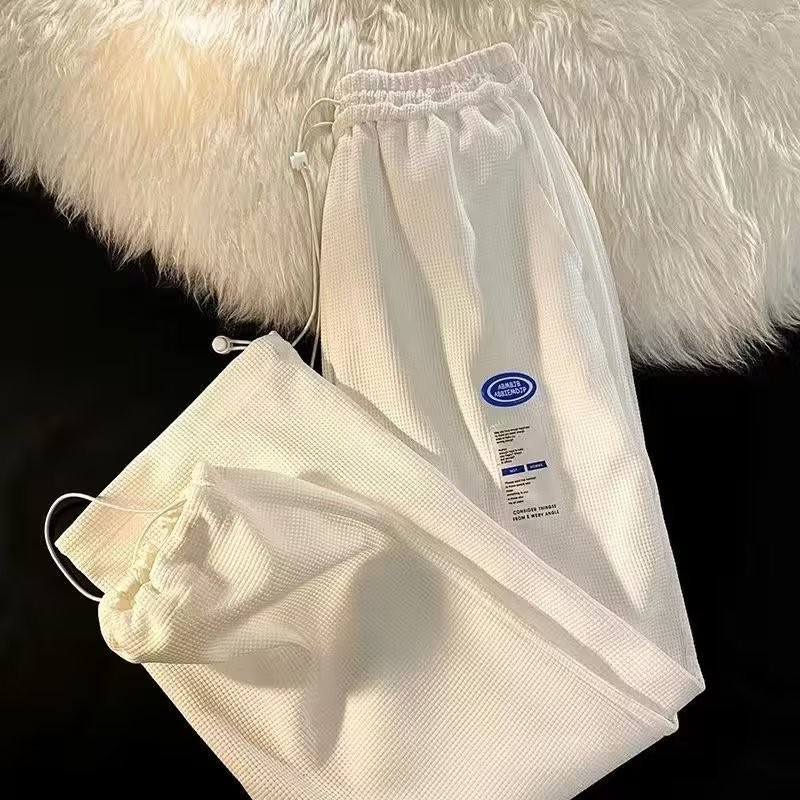 [M-5XL]Waffle Sweatpants Men's Loose Wide Leg Straight Leg Casual Pants Versatile Retro Drawstring Pants