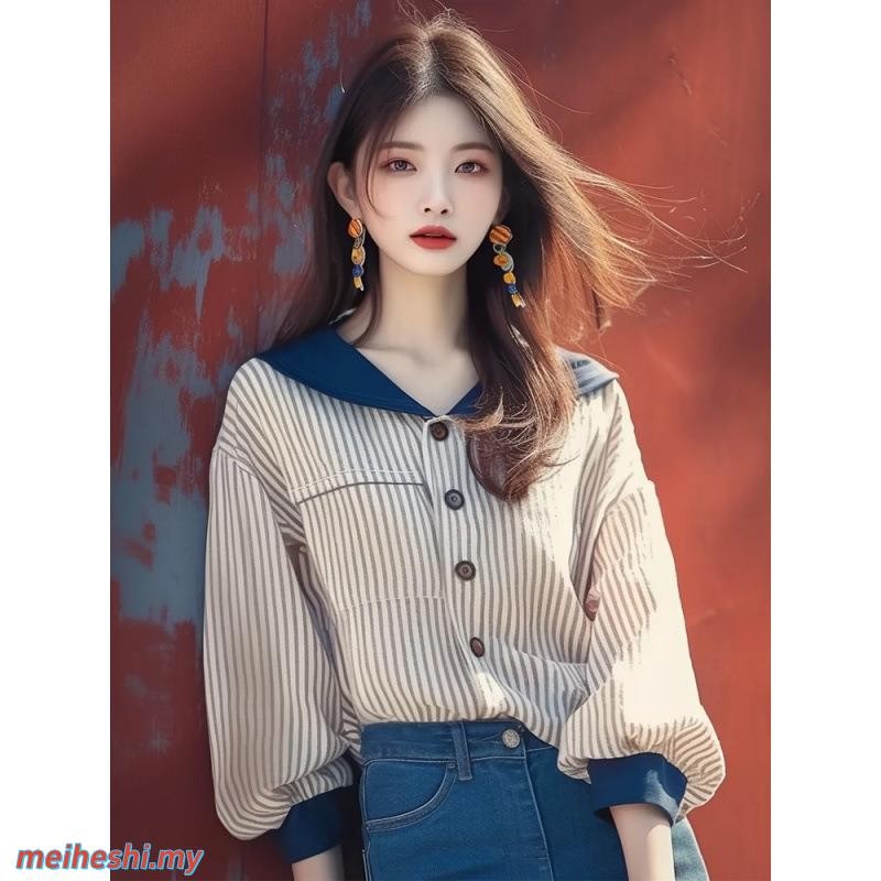 Yueyuejia Women's Clothing Online Straight Hair 2410 2024 Autumn New Shirt Hot-selling Niche Chic High-End Korean Style Age-Reducing Apricot Navy Collar Striped Top