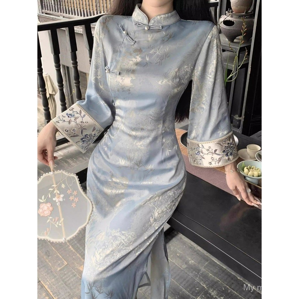 Women's Cheongsam New Chinese Style Blue Embroidered Slim Inverted Big Sleeve Improved Cheongsam Autumn Retro Bamboo Leaf National Style Dress
