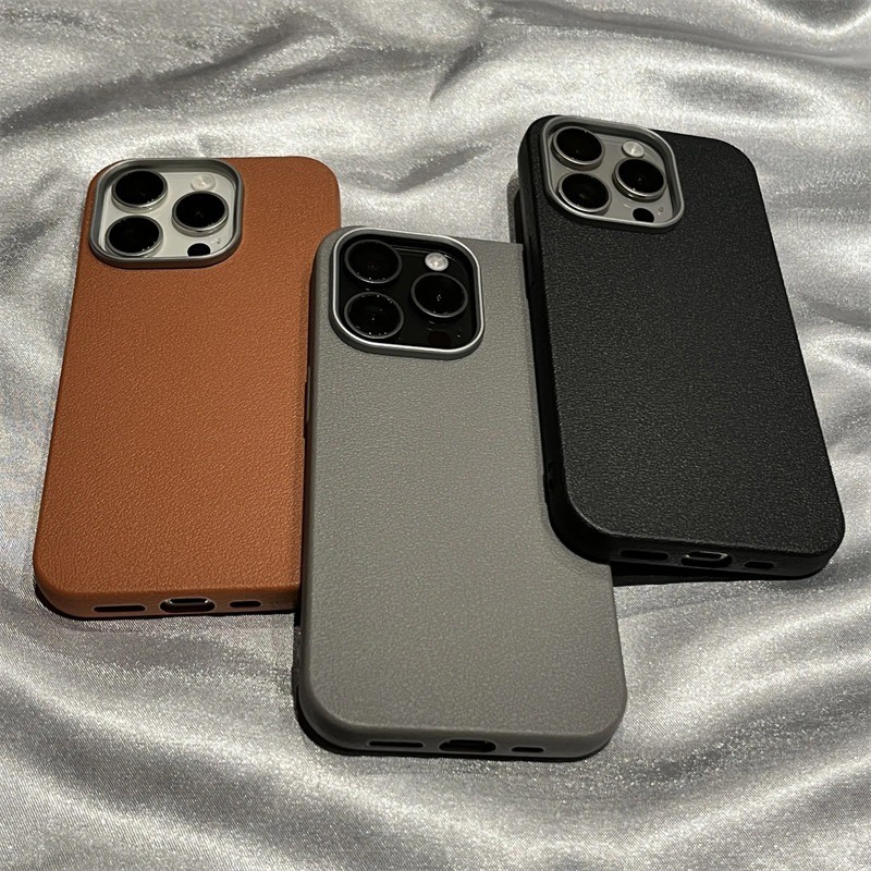 Luxury Solid Color Case For iPhone 17 16 15 14 13 12 11 Pro Max 16E XR X XS Max 7 8 Plus Leather Texture Metal Lens Shockproof Matte Soft Back Cover