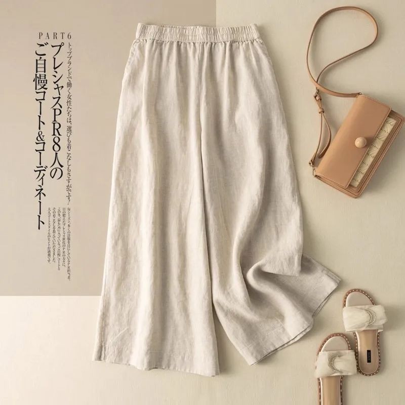 棉麻七分裤女2025夏薄宽松高腰显瘦大码阔腿裤直筒裤休闲裤女Chinese Style Retro Embroidered Wide Leg Pants Cotton Linen Long pants Loose