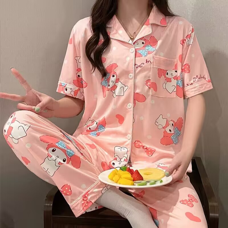 Korean Style Cartoon Pajama Set for Women (Summer Short Sleeve Button-Up) Set Baju Tidur Wanita Gaya Korea Musim Panas Lengan Pendek