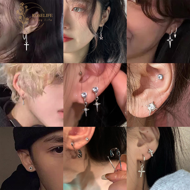 Roselife Street Fashion Silver Cross Tassel Chain Dangle Earrings for Women Men Cross Pierced Stud Earrings 1 Pair