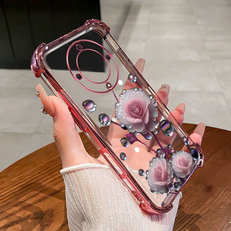 Case for Honor X9A X9B 5G X9 X9C SMART phone case pink flower bud four corner silicone TPU transparent soft shell ﻿DZ