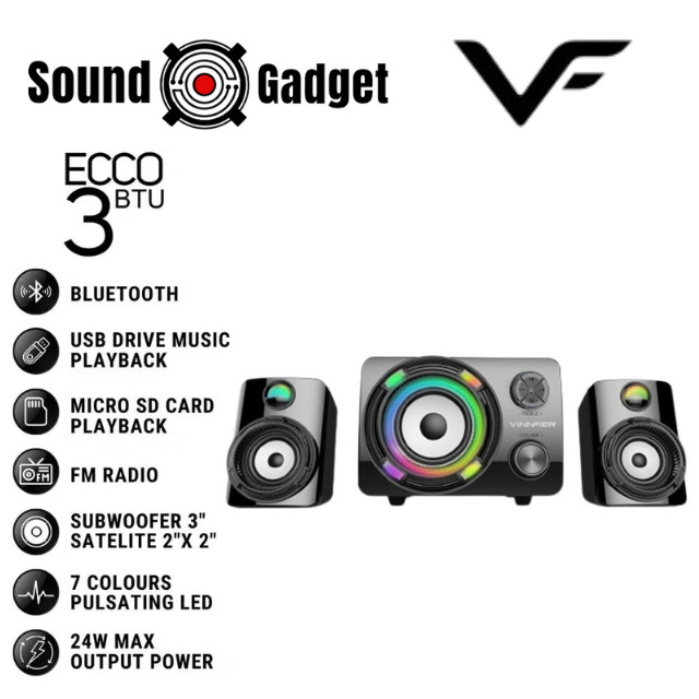 Vinnfier VF ECCO 3 BTU 2023 Bluetooth Speaker 2.1 Stereo 7 Color Pulsating LED 2.1 speaker FM Radio Micro SD card