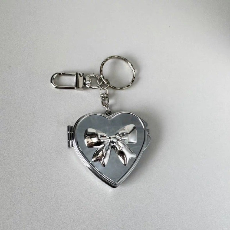 Japanese and Korean Style Instagram Niche Silver Bow Love Mirror Keychain Student Y2K Niche Bag Pendant High-end Accessories