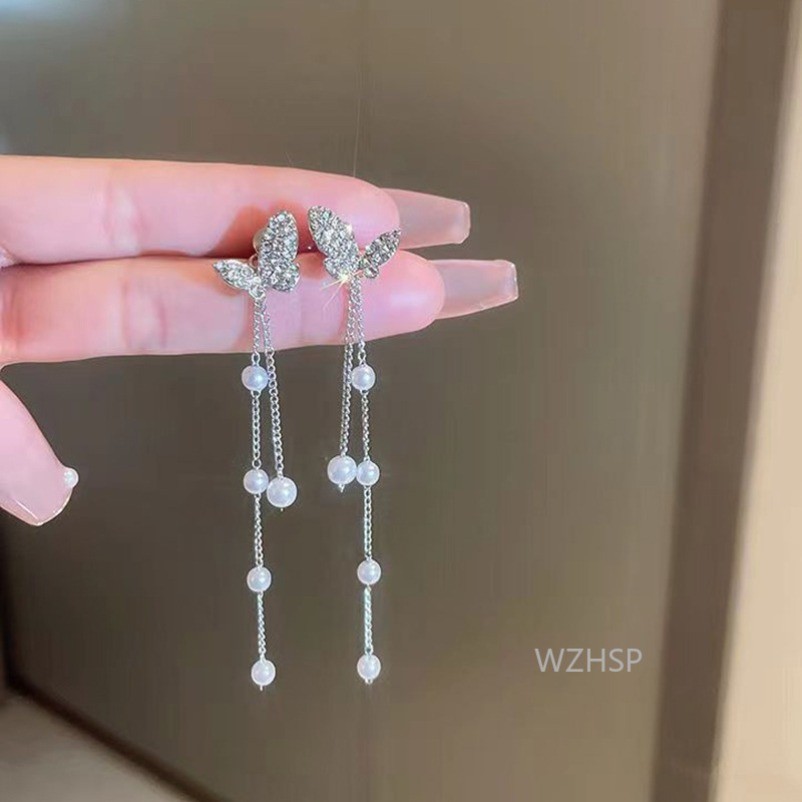 Trendy Asymmetric Tassel Earrings with Full Diamond Butterfly and Pearl, Suitable for Any Outfit