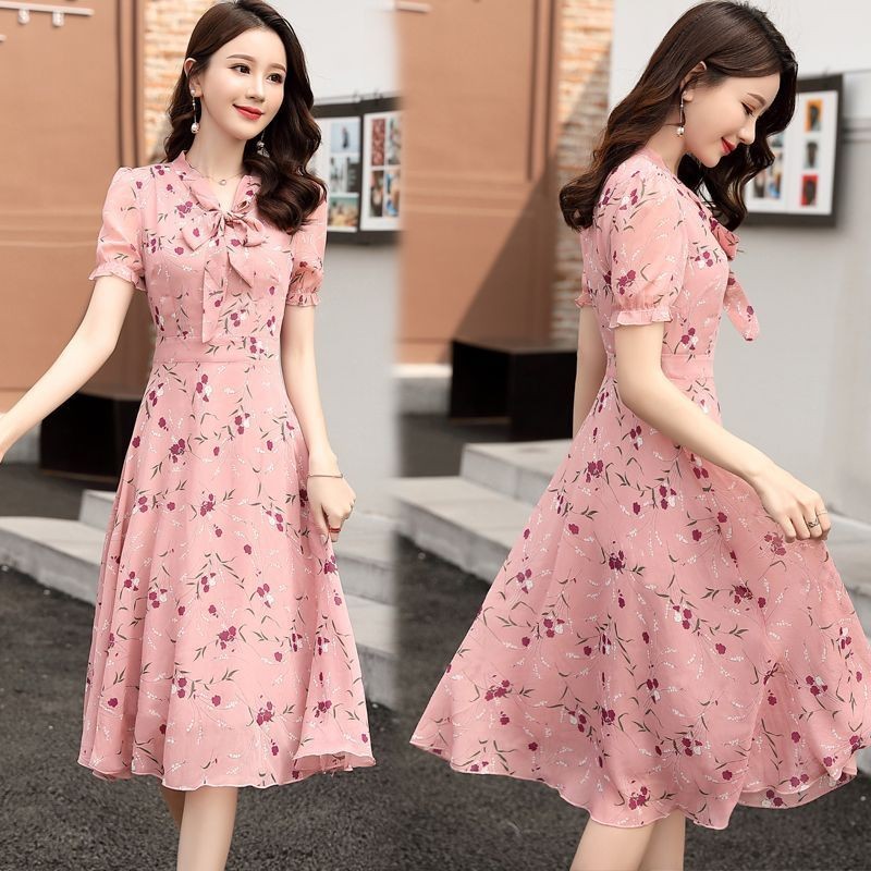 Fashion Floral Bow Tie Dress for Women Summer French Style Short Sleeved Printed Sweet Dress
