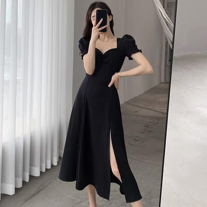 黑色連衣裙 2022 氣質 sexy black korean style formal dress women office evening dress dinner parti elegant long summer dress plus size