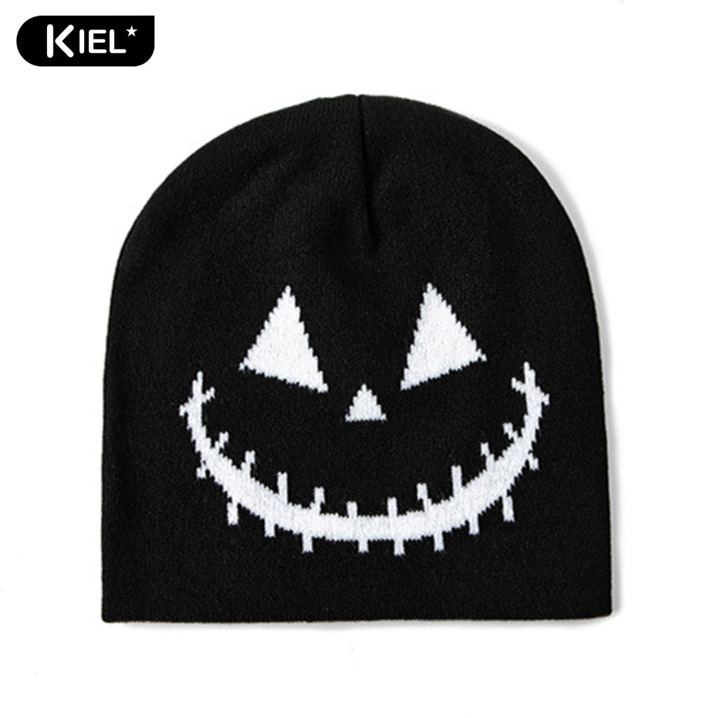 KL* Halloween Pumpkin Hat Lightweight Halloween Hat Spooky Pumpkin Ghost Face Halloween Beanie Hat for Men and Women Warm Wool Knit Holiday Festive Hat with Windproof Design